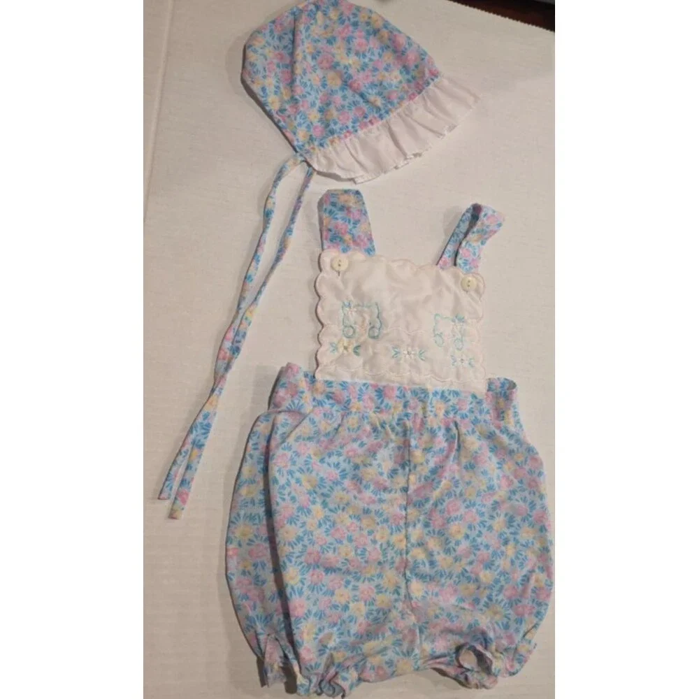 Vintage Blue Floral Romper Overalls with Cats, Matching Bonnet 24 Months